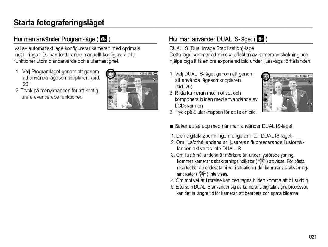 Samsung EC-PL60ZPBP/E2, EC-PL60ZABP/E2, EC-PL60ZBBP/E2 manual Hur man använder Program-läge, Hur man använder Dual IS-läget 