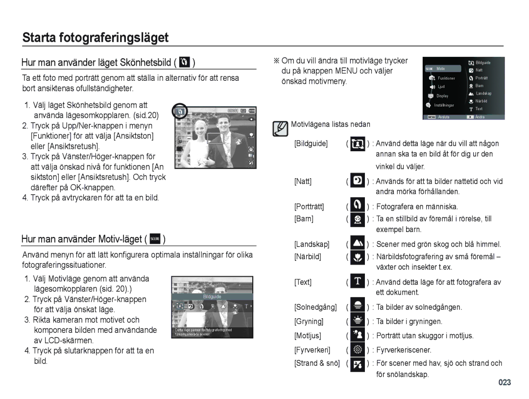 Samsung EC-PL60ZABP/E2 manual Hur man använder läget Skönhetsbild, Hur man använder Motiv-läget, Eller Ansiktsretush 