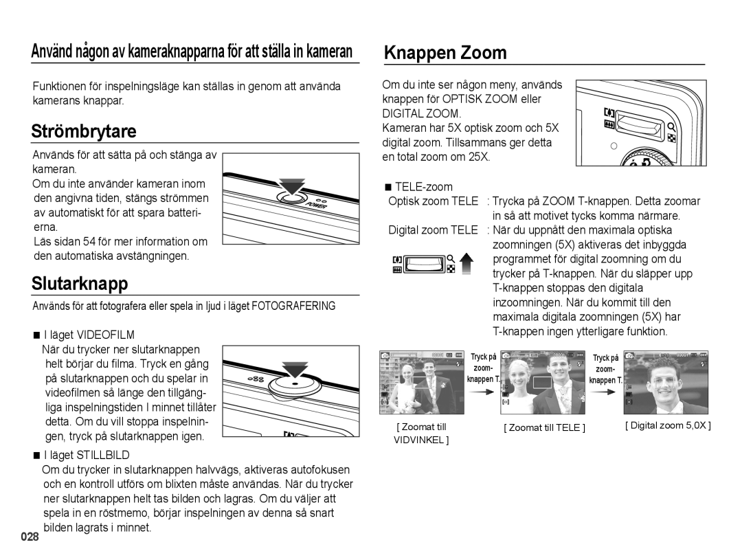 Samsung EC-PL60ZBBP/E2, EC-PL60ZABP/E2, EC-PL60ZPBP/E2, EC-PL60ZSBP/E2 manual Strömbrytare, Slutarknapp, Knappen Zoom 