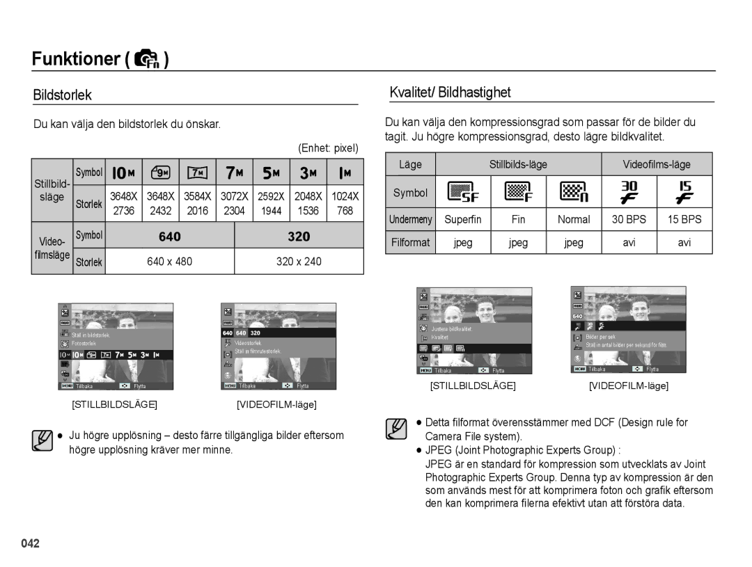 Samsung EC-PL60ZSBP/E2, EC-PL60ZABP/E2 manual Bildstorlek, Kvalitet/ Bildhastighet, Du kan välja den bildstorlek du önskar 