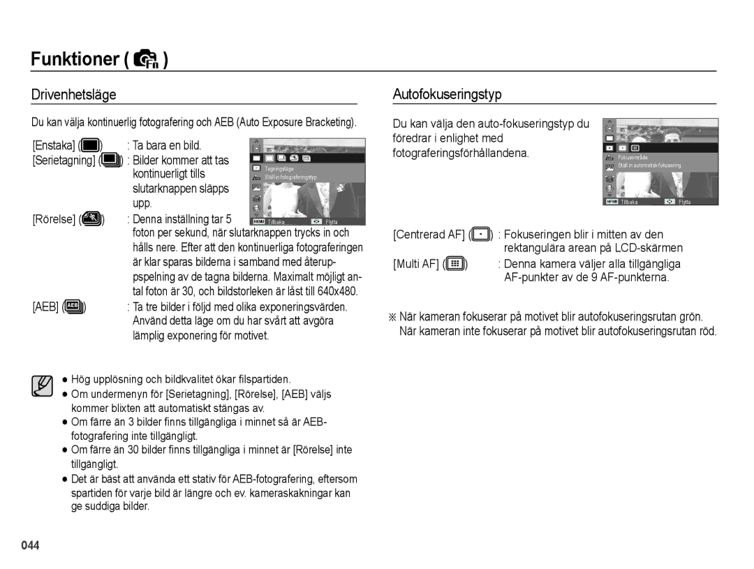 Samsung EC-PL60ZBBP/E2, EC-PL60ZABP/E2, EC-PL60ZPBP/E2, EC-PL60ZSBP/E2 manual Drivenhetsläge, Autofokuseringstyp 