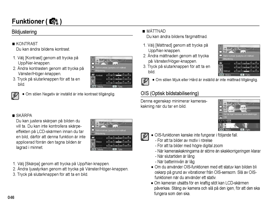 Samsung EC-PL60ZSBP/E2, EC-PL60ZABP/E2, EC-PL60ZBBP/E2, EC-PL60ZPBP/E2 manual Bildjustering, OIS Optisk bildstabilisering 