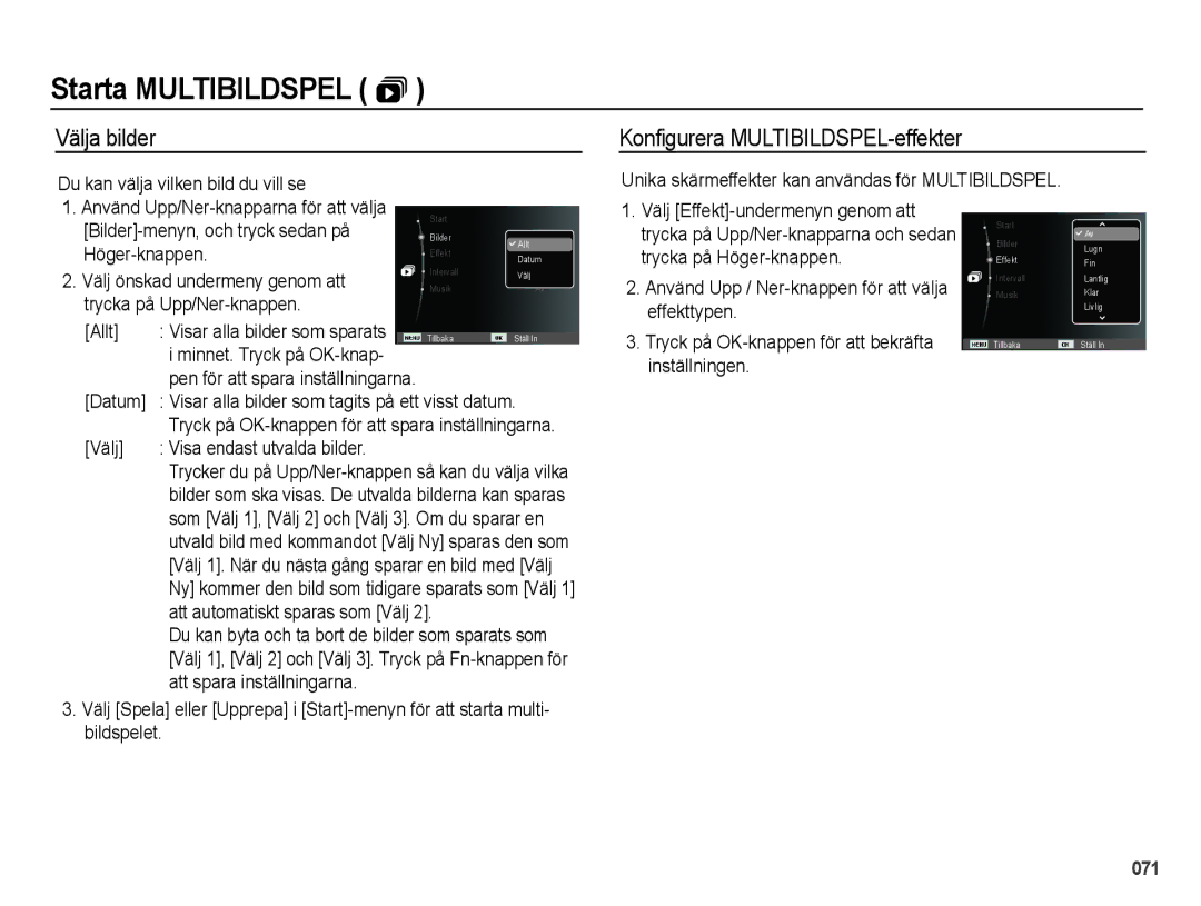 Samsung EC-PL60ZABP/E2, EC-PL60ZBBP/E2, EC-PL60ZPBP/E2, EC-PL60ZSBP/E2 manual Välja bilder Konfigurera MULTIBILDSPEL-effekter 