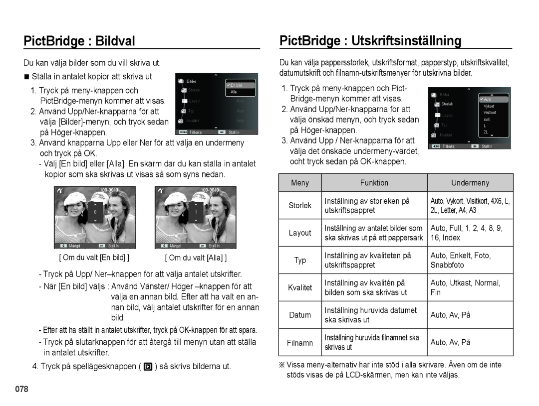 Samsung EC-PL60ZSBP/E2, EC-PL60ZABP/E2, EC-PL60ZBBP/E2, EC-PL60ZPBP/E2 PictBridge Bildval, PictBridge Utskriftsinställning 