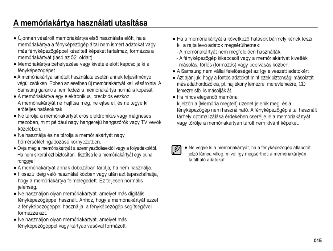 Samsung EC-PL60ZSBP/E3, EC-PL60ZABP/IT manual Memóriakártya használati utasítása, Memóriakártyát nem megfelelően használták 