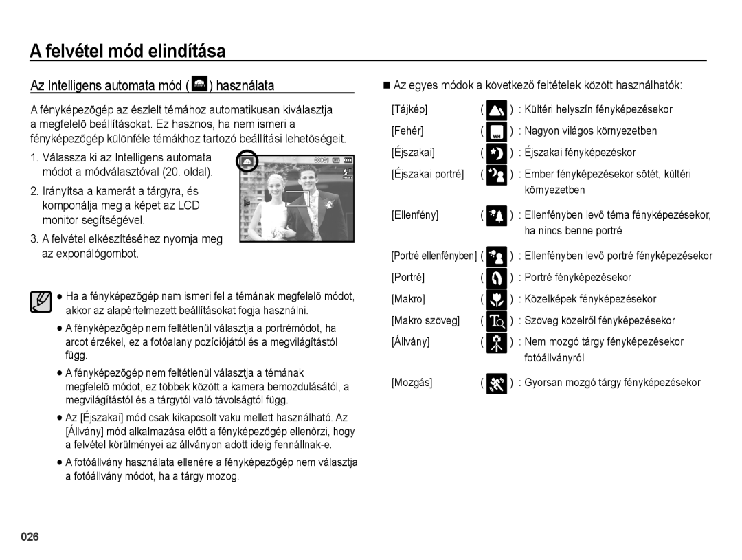 Samsung EC-PL60ZPBP/E3 Az Intelligens automata mód használata, Az egyes módok a következő feltételek között használhatók 