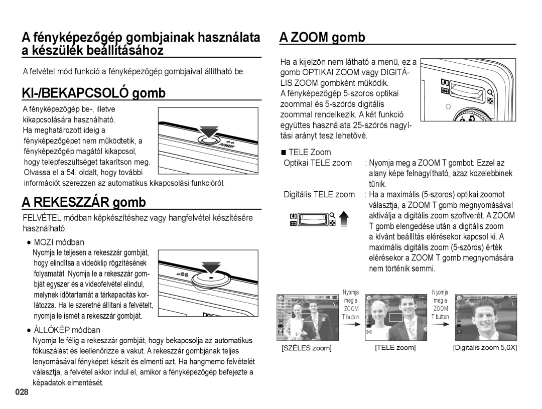 Samsung EC-PL60ZABP/E3, EC-PL60ZABP/IT manual Zoom gomb Készülék beállításához, KI-/BEKAPCSOLÓ gomb, Rekeszzár gomb 