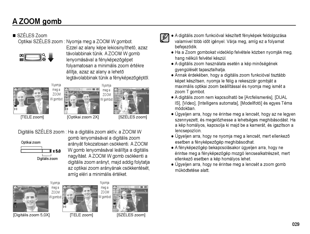 Samsung EC-PL60ZABP/IT, EC-PL60ZABP/E1 manual Zoom gomb, Amíg eléri a minimális értéket, Gomb lenyomásával a digitális zoom 