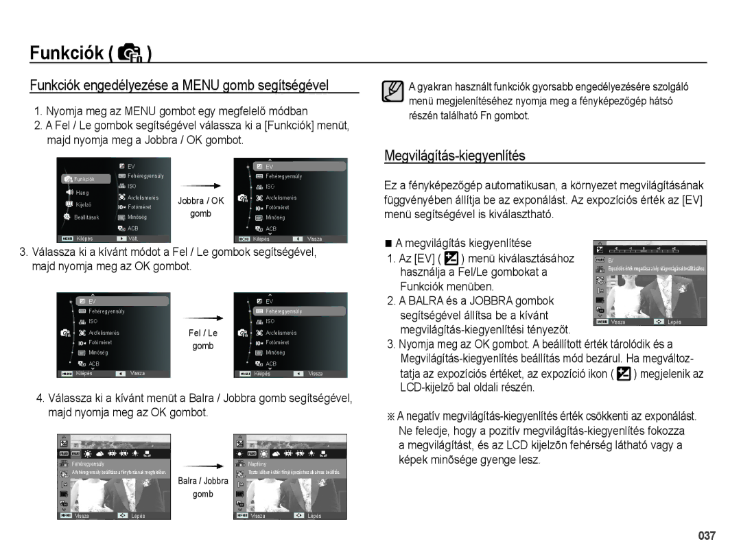 Samsung EC-PL60ZBBP/E3, EC-PL60ZABP/IT manual Funkciók engedélyezése a Menu gomb segítségével, Megvilágítás-kiegyenlítés 