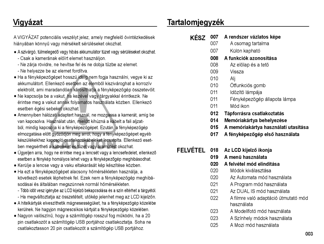 Samsung EC-PL60ZSBP/E3, EC-PL60ZABP/IT, EC-PL60ZABP/E1 Vigyázat, Tartalomjegyzék, Csomag tartalma Külön kapható, Használata 