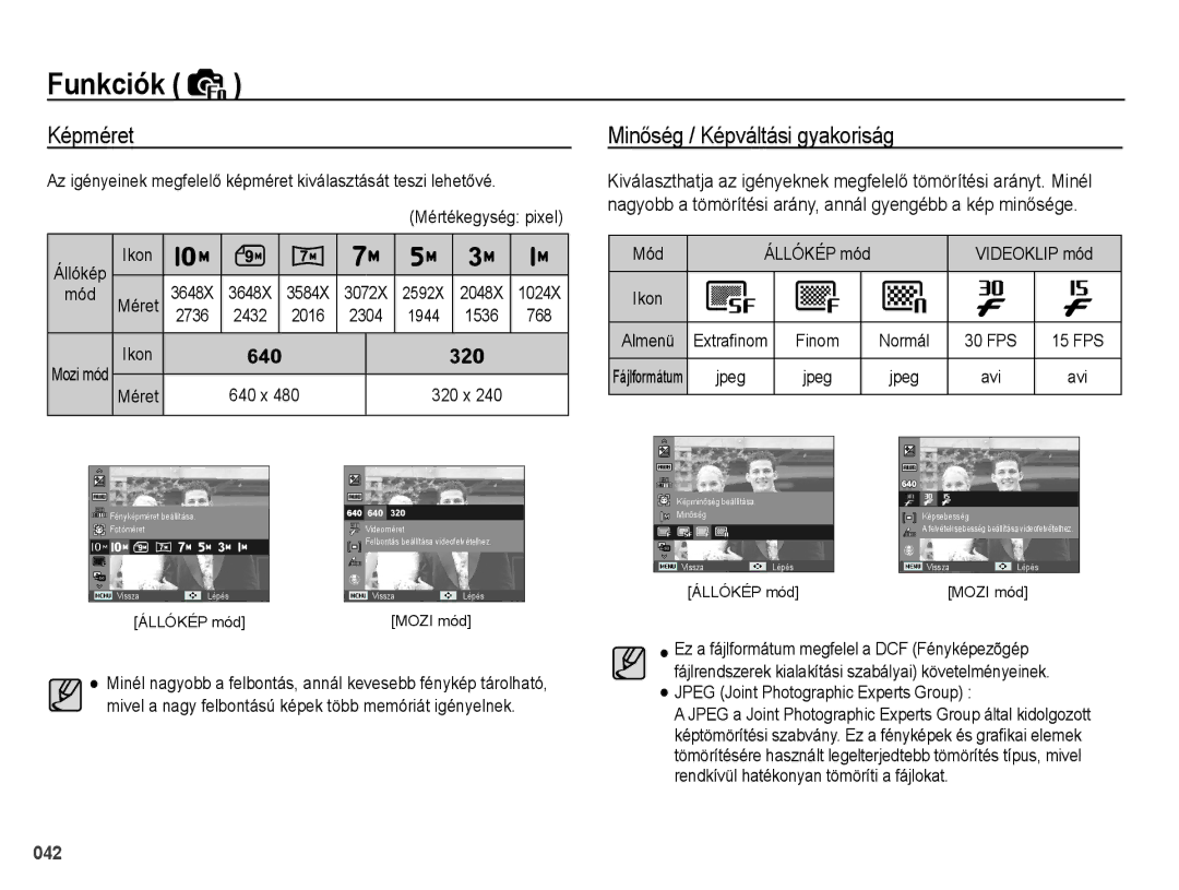 Samsung EC-PL60ZABP/E1 manual Képméret, Minőség / Képváltási gyakoriság, 2736 2432 2016 2304 1944 1536 768, 640 x 320 x 