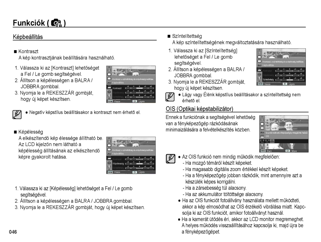 Samsung EC-PL60ZABP/E3, EC-PL60ZABP/IT, EC-PL60ZABP/E1, EC-PL60ZBBP/E3 manual Képbeállítás, OIS Optikai képstabilizátor 