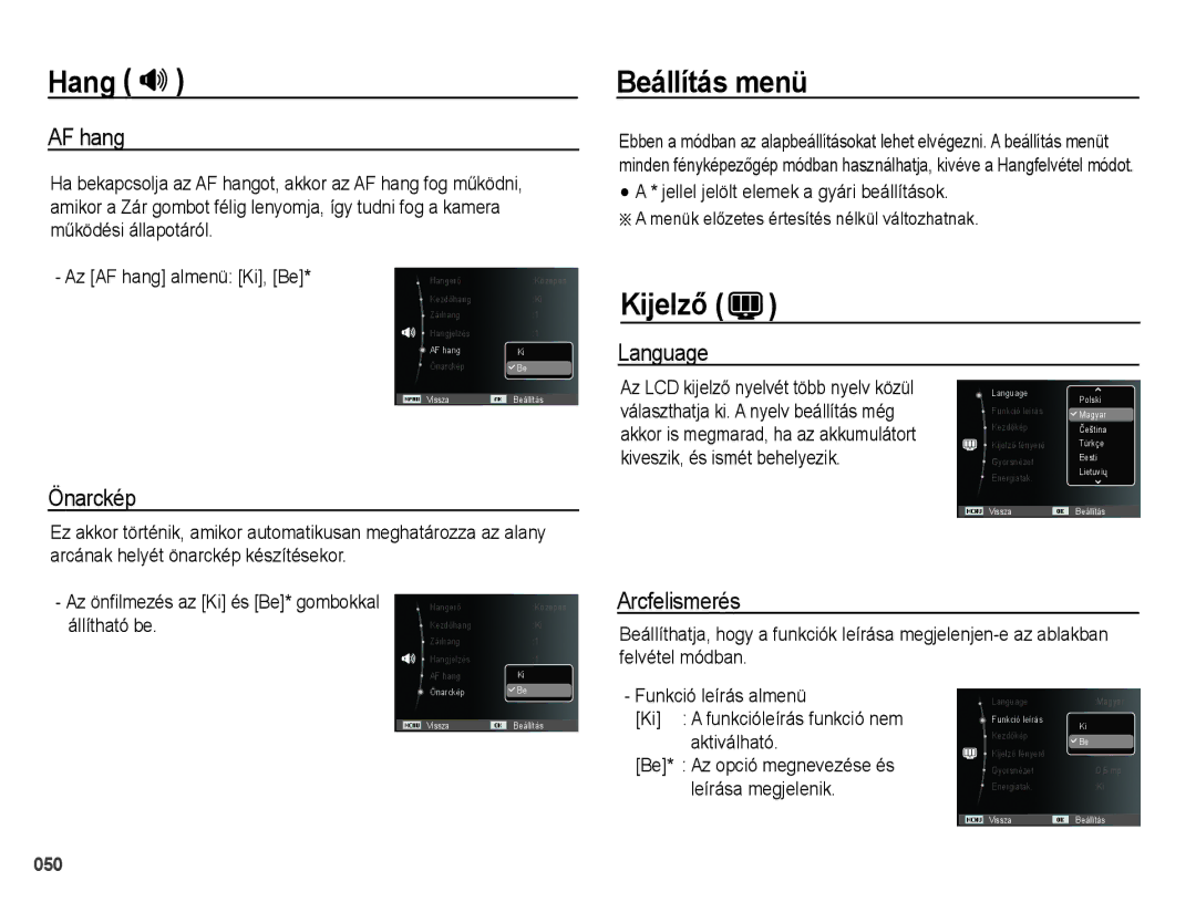 Samsung EC-PL60ZPBP/E3, EC-PL60ZABP/IT, EC-PL60ZABP/E1, EC-PL60ZBBP/E3 Beállítás menü, Kijelző, AF hang, Language, Önarckép 