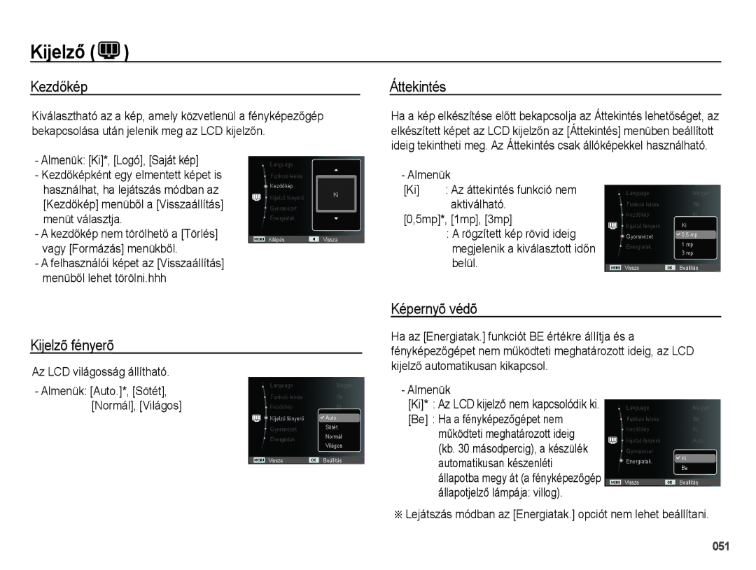 Samsung EC-PL60ZSBP/E3, EC-PL60ZABP/IT Kezdőkép, Áttekintés, Képernyõ védõ Kijelzõ fényerõ, Almenük Ki*, Logó, Saját kép 