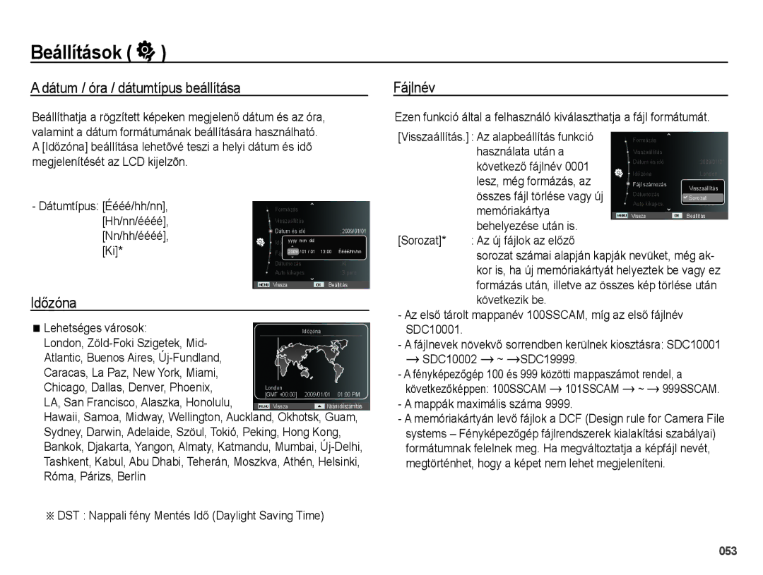 Samsung EC-PL60ZABP/IT, EC-PL60ZABP/E1, EC-PL60ZBBP/E3, EC-PL60ZPBP/E3 manual Dátum / óra / dátumtípus beállítása, Fájlnév 