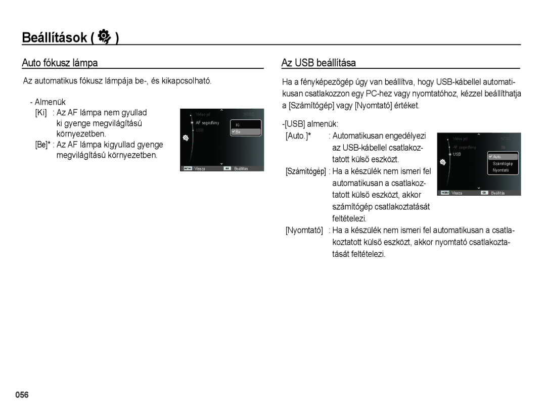 Samsung EC-PL60ZPBP/E3 manual Auto fókusz lámpa, Az USB beállítása, Az automatikus fókusz lámpája be-, és kikapcsolható 