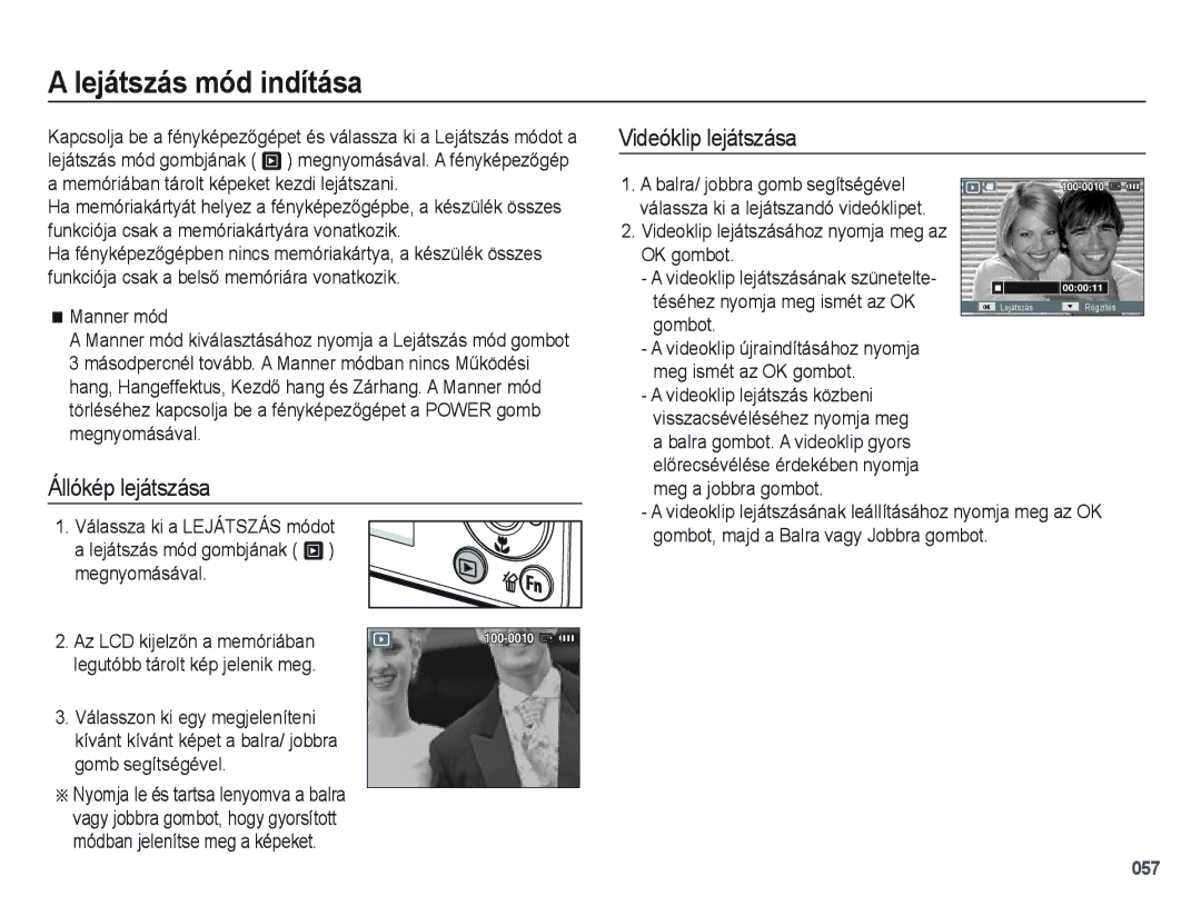 Samsung EC-PL60ZSBP/E3, EC-PL60ZABP/IT manual Lejátszás mód indítása, Állókép lejátszása, Videóklip lejátszása, Manner mód 