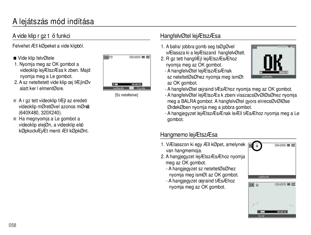 Samsung EC-PL60ZABP/E3, EC-PL60ZABP/IT manual Videóklip rögzítő funkció, Hangfelvétel lejátszása, Hangmemo lejátszása 