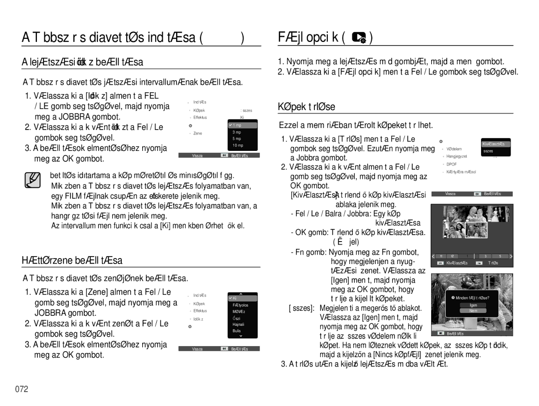 Samsung EC-PL60ZABP/E1, EC-PL60ZABP/IT Fájl opciók, Lejátszási időköz beállítása, Képek törlése, Háttérzene beállítása 