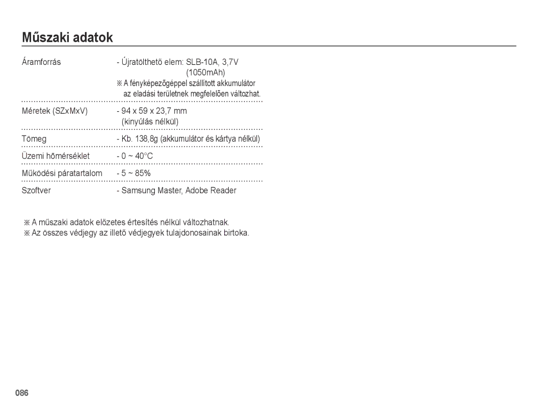 Samsung EC-PL60ZPBP/E3, EC-PL60ZABP/IT Áramforrás, 1050mAh, Méretek SZxMxV 94 x 59 x 23,7 mm Kinyúlás nélkül Tömeg, ~ 85% 