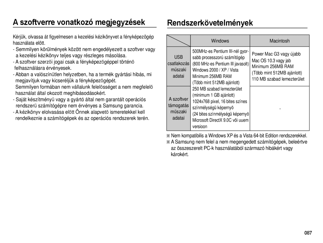 Samsung EC-PL60ZSBP/E3, EC-PL60ZABP/IT, EC-PL60ZABP/E1 manual Szoftverre vonatkozó megjegyzések, Rendszerkövetelmények 