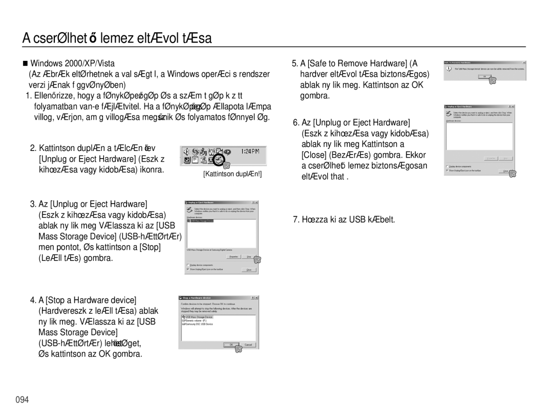 Samsung EC-PL60ZABP/E3, EC-PL60ZABP/IT manual Cserélhető lemez eltávolítása, Kihúzása vagy kidobása ikonra, Leállítás gombra 