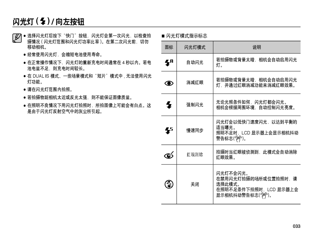 Samsung EC-PL60ZSBP/E3, EC-PL60ZABP/IT, EC-PL60ZABP/E1, EC-PL60ZBBP/E3, EC-PL60ZPBP/E3, EC-PL60ZABP/E3 manual 闪光灯模式指示标志, 033 