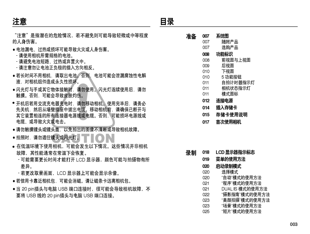 Samsung EC-PL60ZSBP/E3, EC-PL60ZABP/IT manual 注意目录, 请勿触摸镜头或镜头盖，以免拍出的图像不清晰或导致相机故障。 拍照时，请勿遮住镜头或闪光灯。, 007 系统图, 008 功能标识, 003 