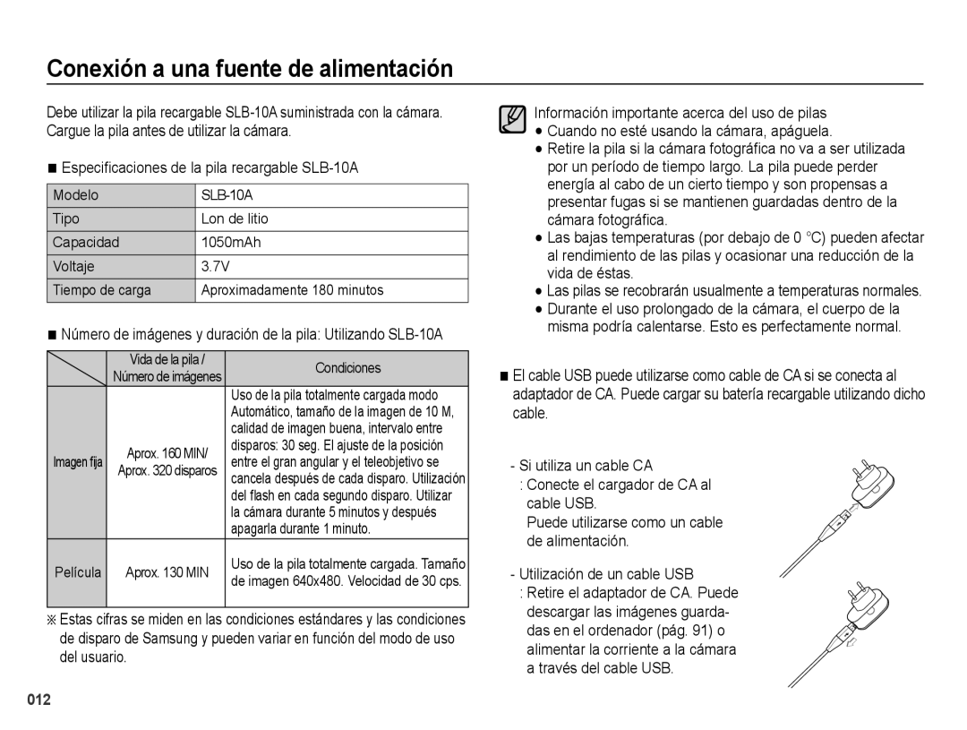 Samsung EC-PL60ZBBP/E1 manual Conexión a una fuente de alimentación, Especiﬁcaciones de la pila recargable SLB-10A, Modelo 