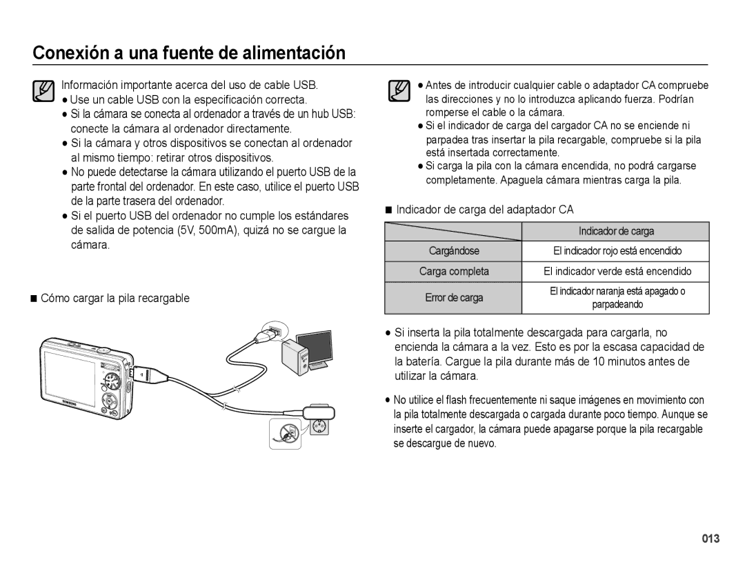 Samsung EC-PL60ZSBP/E1, EC-PL60ZPBP/E1, EC-PL60ZBBP/E1, EC-PL60ZABP/E1 manual Indicador de carga del adaptador CA 