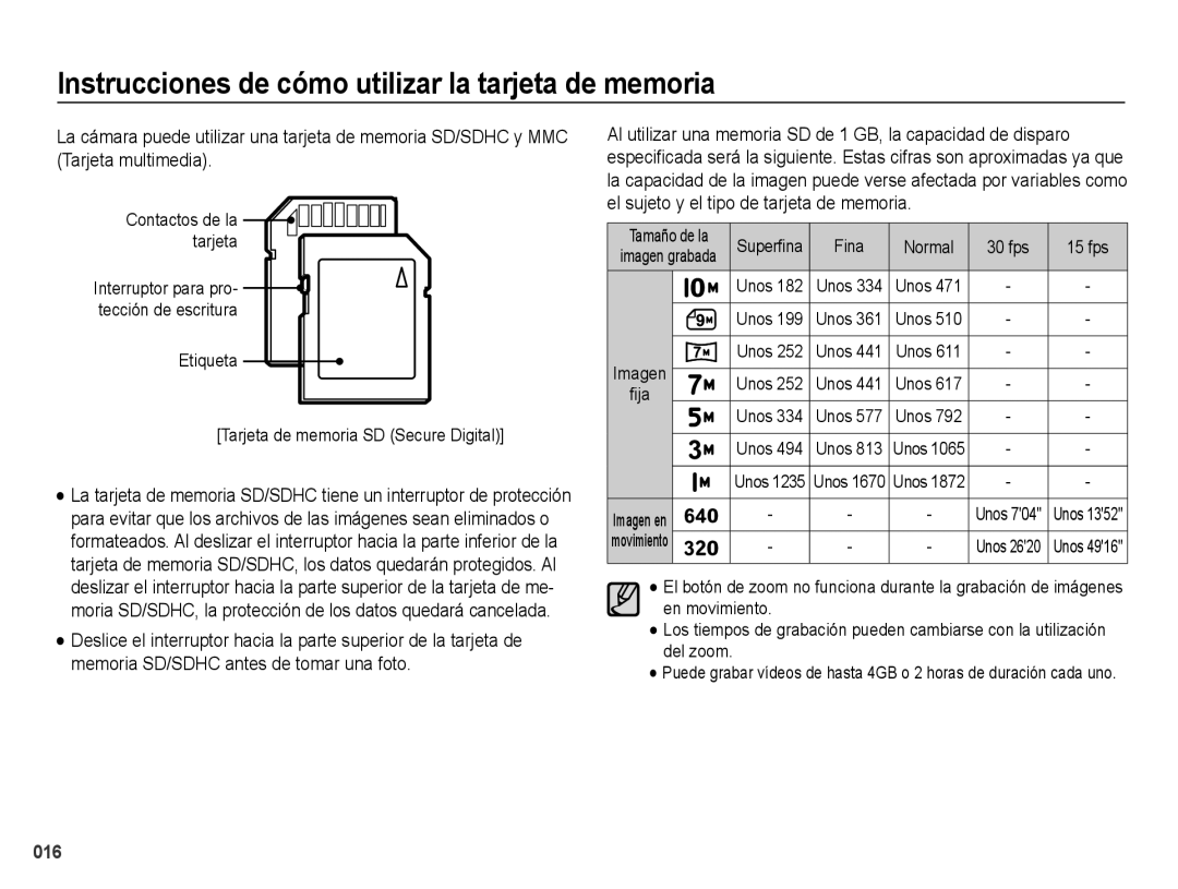 Samsung EC-PL60ZBBP/E1 Contactos de la tarjeta, Etiqueta Tarjeta de memoria SD Secure Digital, Superﬁna Fina Normal 30 fps 