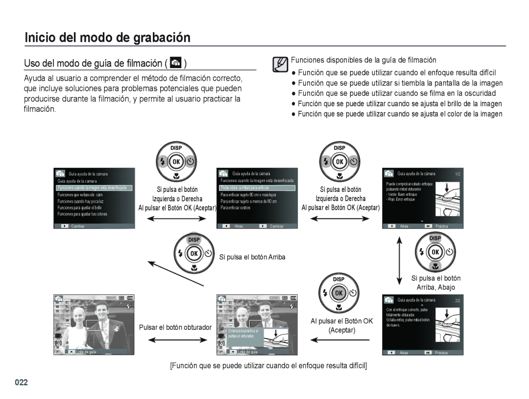 Samsung EC-PL60ZABP/E1, EC-PL60ZPBP/E1, EC-PL60ZBBP/E1, EC-PL60ZSBP/E1 manual Uso del modo de guía de ﬁlmación 