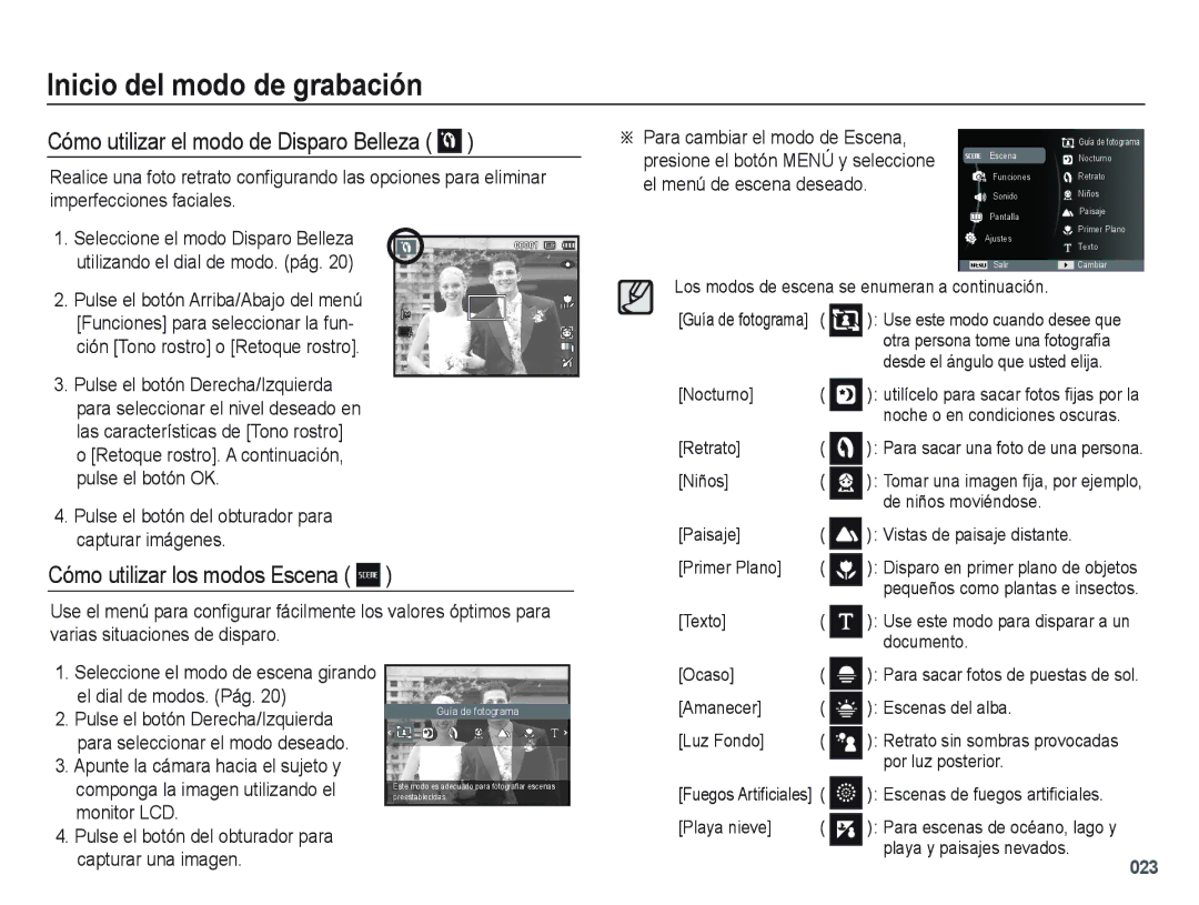 Samsung EC-PL60ZPBP/E1 Cómo utilizar el modo de Disparo Belleza, Cómo utilizar los modos Escena, El menú de escena deseado 