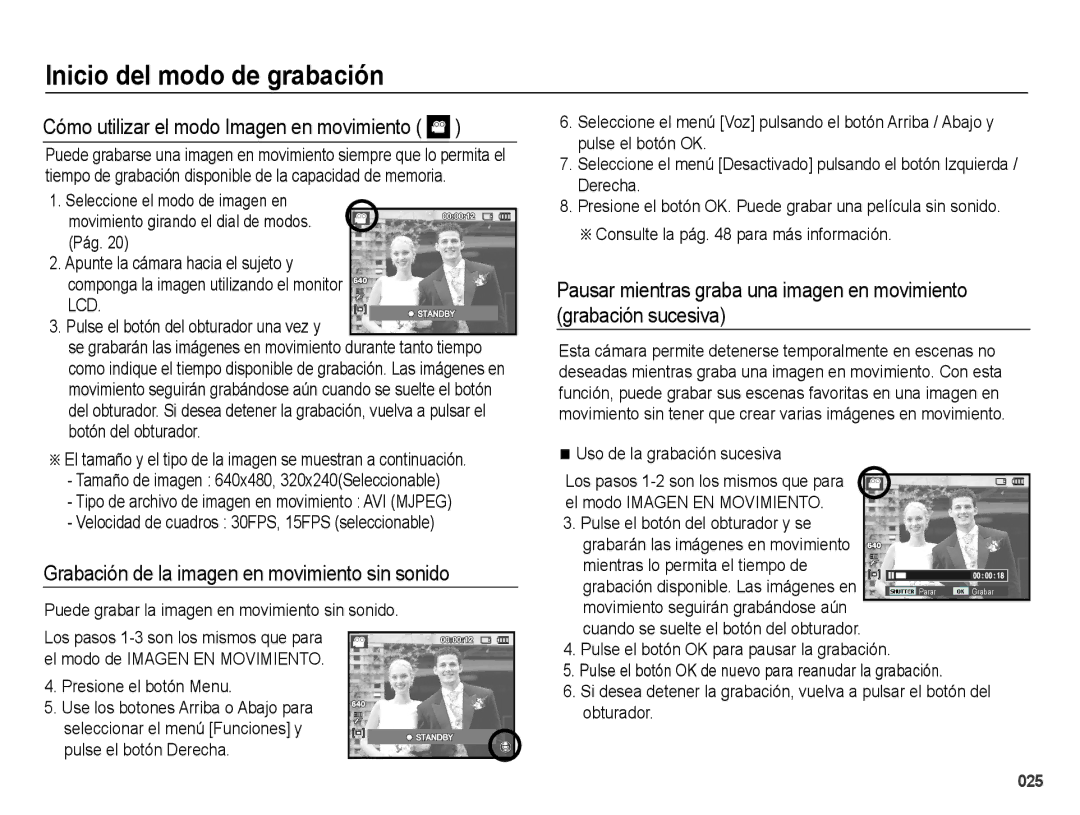 Samsung EC-PL60ZSBP/E1 manual Cómo utilizar el modo Imagen en movimiento, Grabación de la imagen en movimiento sin sonido 