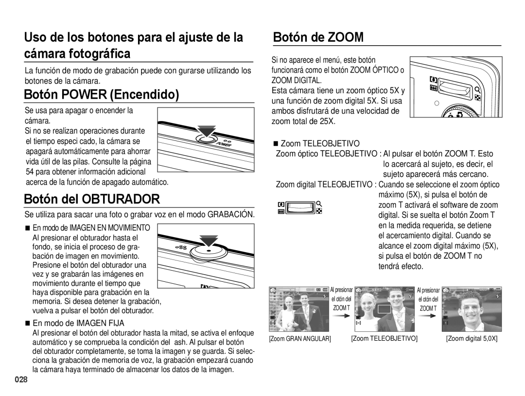 Samsung EC-PL60ZBBP/E1 Uso de los botones para el ajuste de la cámara fotográﬁca, Botón Power Encendido, Botón de Zoom 