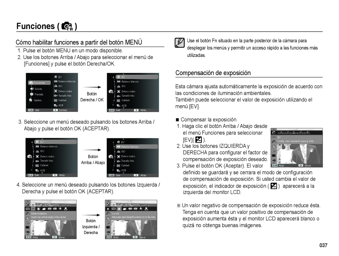 Samsung EC-PL60ZSBP/E1, EC-PL60ZPBP/E1 manual Cómo habilitar funciones a partir del botón Menú, Compensación de exposición 