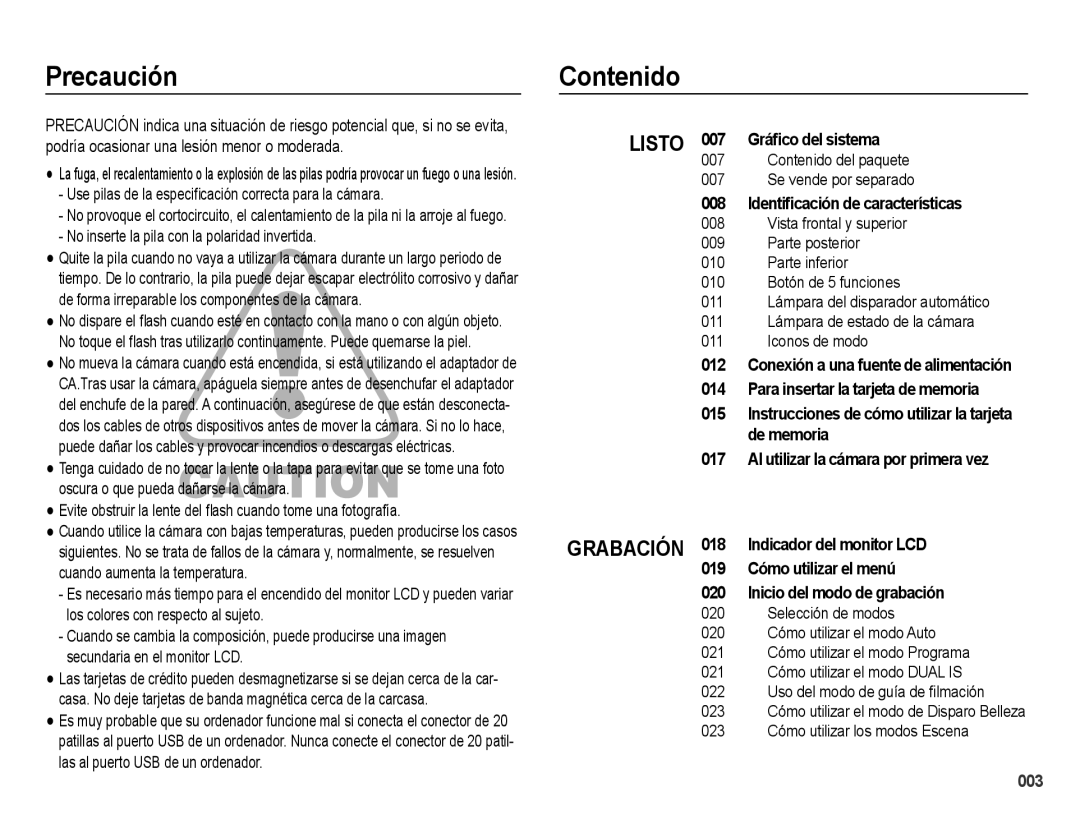 Samsung EC-PL60ZPBP/E1 Precaución Contenido, Use pilas de la especiﬁcación correcta para la cámara, Selección de modos 