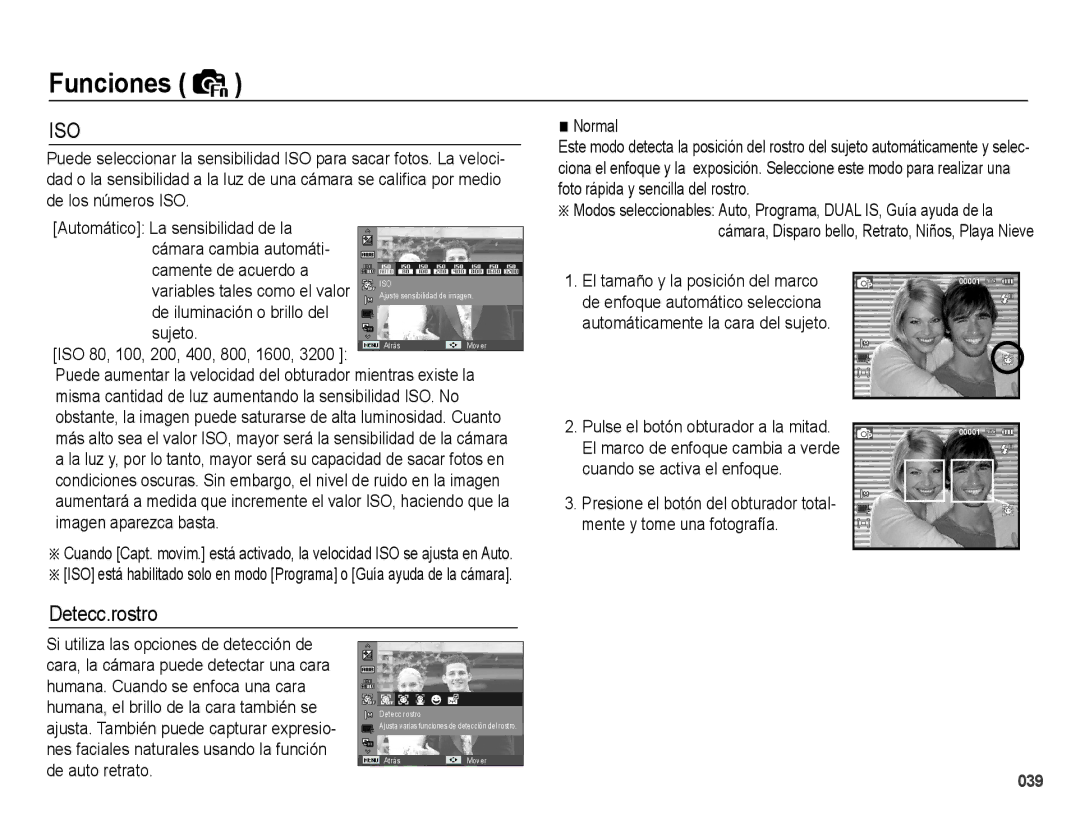 Samsung EC-PL60ZPBP/E1 manual Detecc.rostro, De iluminación o brillo del Sujeto, Normal, Variables tales como el valor 