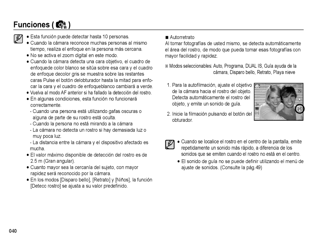 Samsung EC-PL60ZBBP/E1, EC-PL60ZPBP/E1 manual Gran angular, Autorretrato, Inicie la ﬁlmación pulsando el botón del obturador 