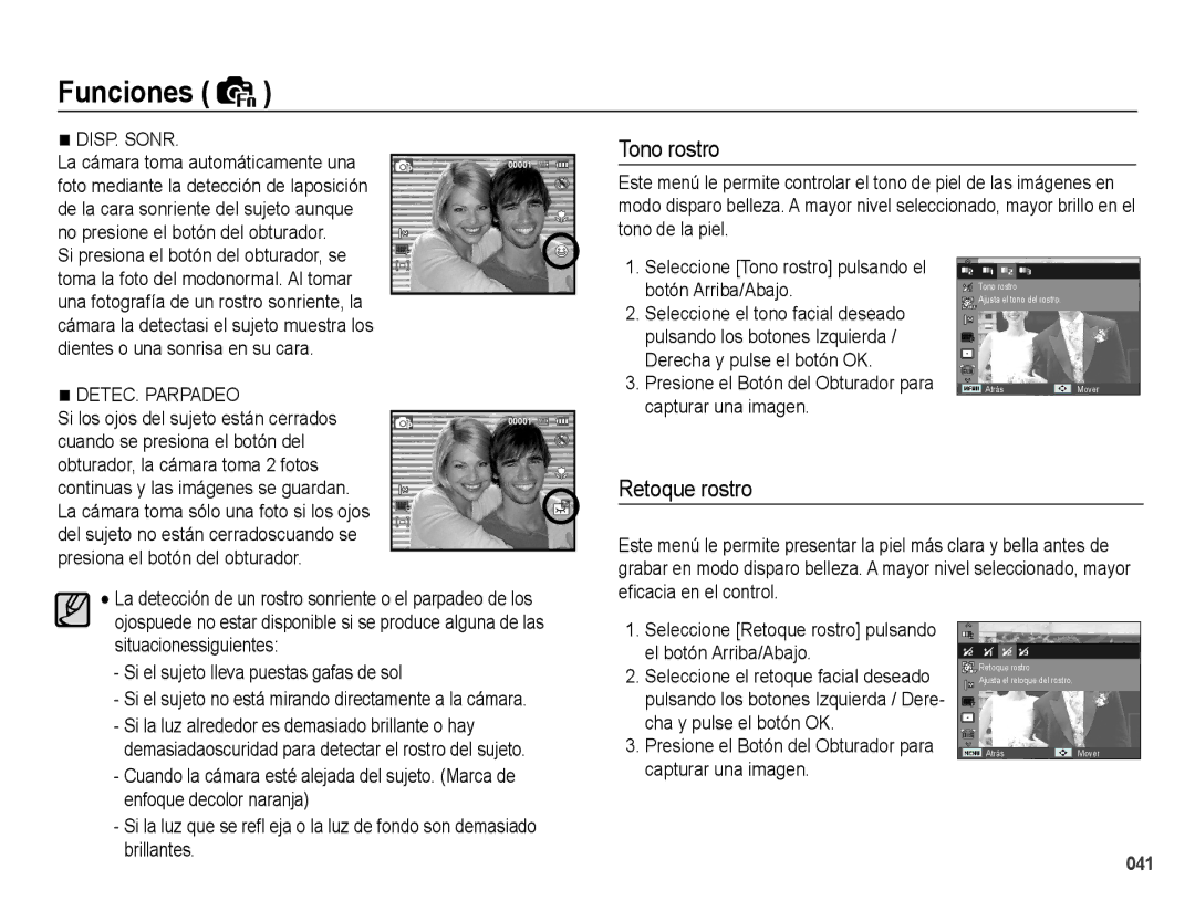 Samsung EC-PL60ZSBP/E1, EC-PL60ZPBP/E1, EC-PL60ZBBP/E1, EC-PL60ZABP/E1 manual Tono rostro, Retoque rostro 