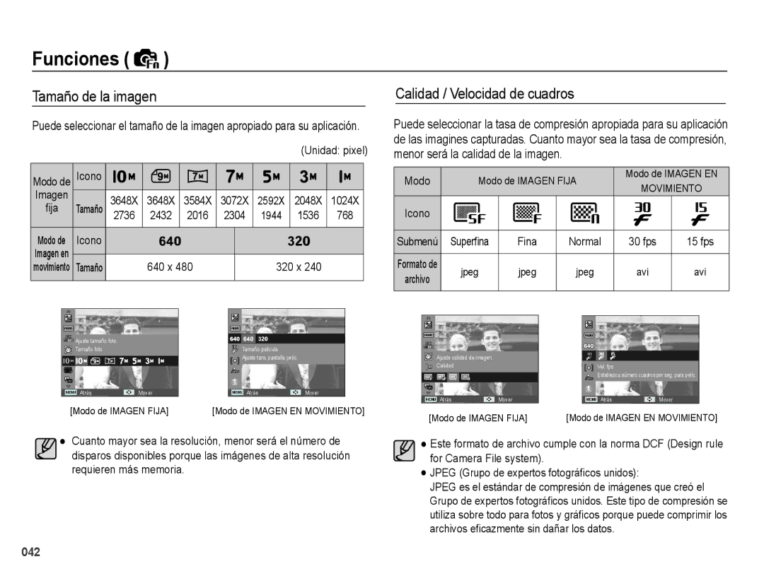 Samsung EC-PL60ZABP/E1, EC-PL60ZPBP/E1, EC-PL60ZBBP/E1, EC-PL60ZSBP/E1 Tamaño de la imagen, Calidad / Velocidad de cuadros 