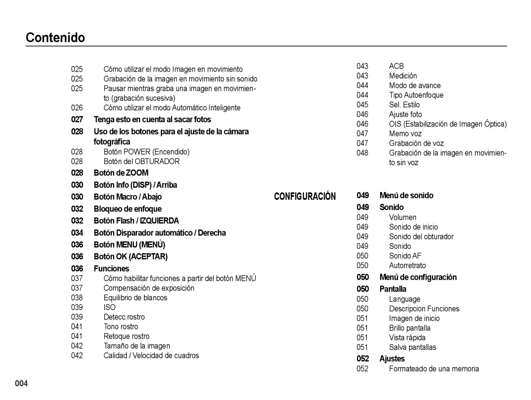 Samsung EC-PL60ZBBP/E1 Memo voz, Grabación de la imagen en movimien- to sin voz, Volumen Sonido de inicio, Sonido AF, 052 