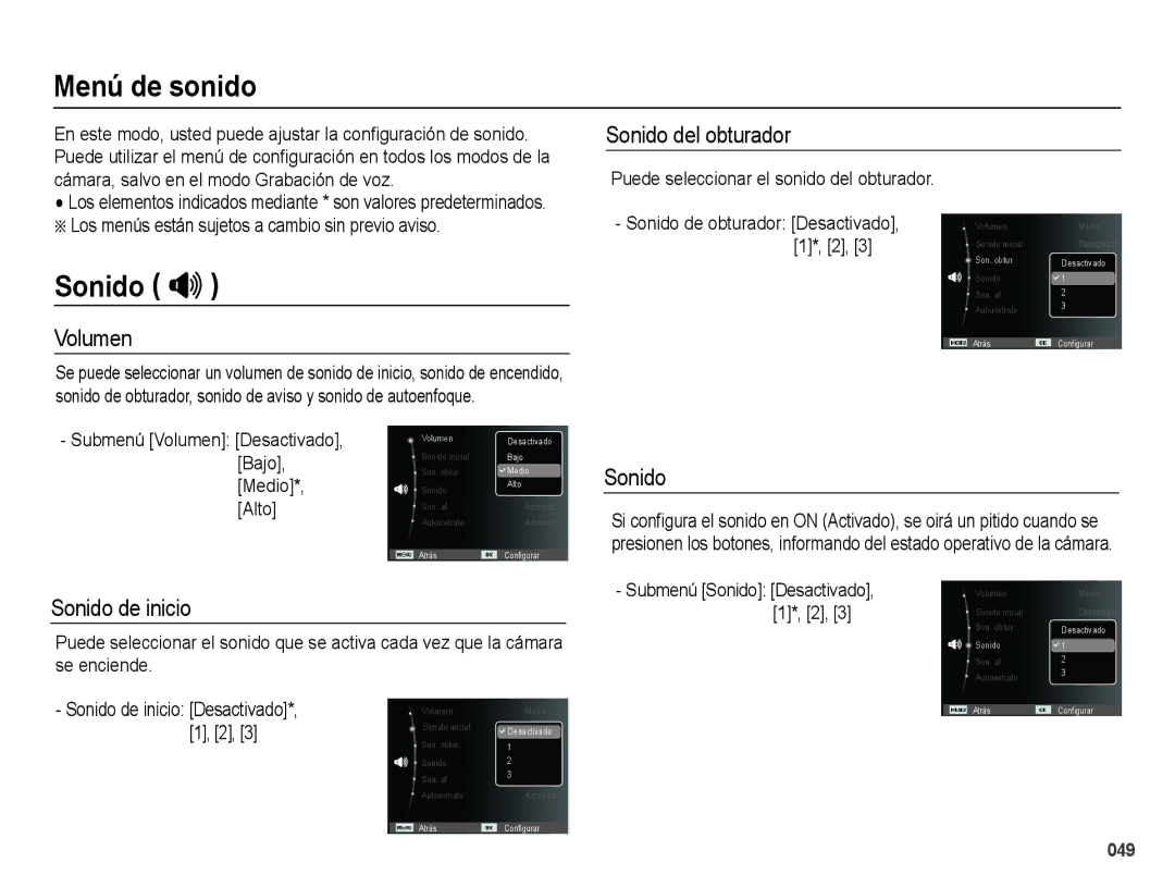 Samsung EC-PL60ZSBP/E1, EC-PL60ZPBP/E1, EC-PL60ZBBP/E1, EC-PL60ZABP/E1 manual Menú de sonido, Sonido  