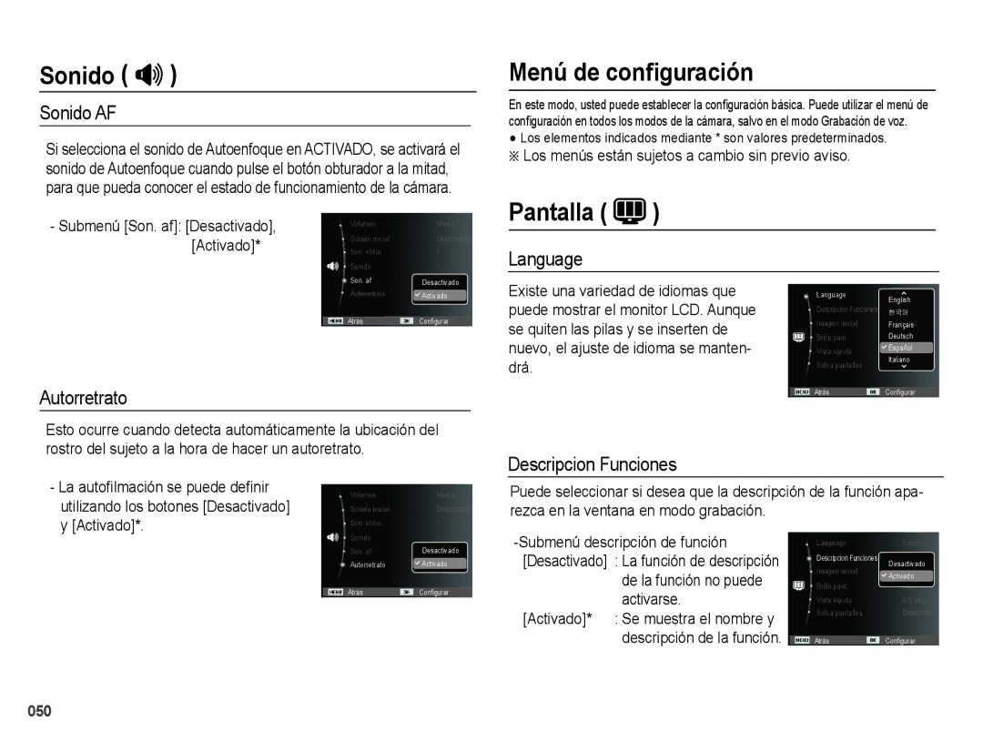 Samsung EC-PL60ZABP/E1, EC-PL60ZPBP/E1, EC-PL60ZBBP/E1, EC-PL60ZSBP/E1 manual Menú de conﬁguración, Pantalla 