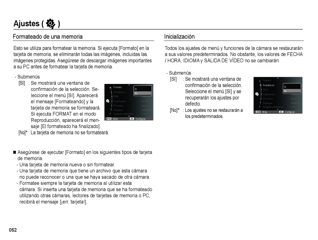 Samsung EC-PL60ZBBP/E1 manual Ajustes, Formateado de una memoria, Inicialización, Submenús Sí Se mostrará una ventana de 