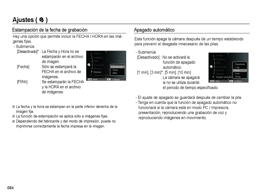 Samsung EC-PL60ZABP/E1 manual Estampación de la fecha de grabación, Apagado automático, El periodo de tiempo especiﬁcado 