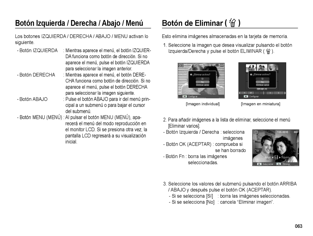 Samsung EC-PL60ZPBP/E1, EC-PL60ZBBP/E1, EC-PL60ZSBP/E1 manual Botón de Eliminar Õ, Botón Fn borra las imágenes, Seleccionadas 