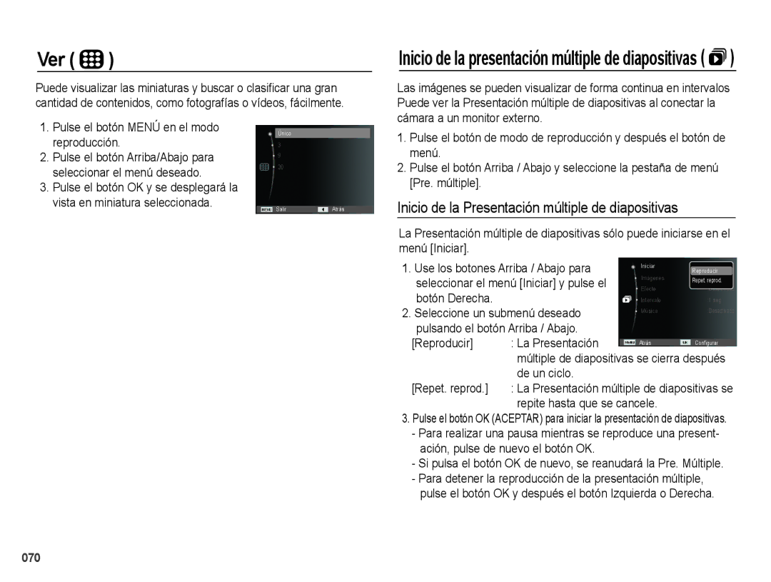 Samsung EC-PL60ZABP/E1, EC-PL60ZPBP/E1, EC-PL60ZBBP/E1 manual Ver, Inicio de la Presentación múltiple de diapositivas 