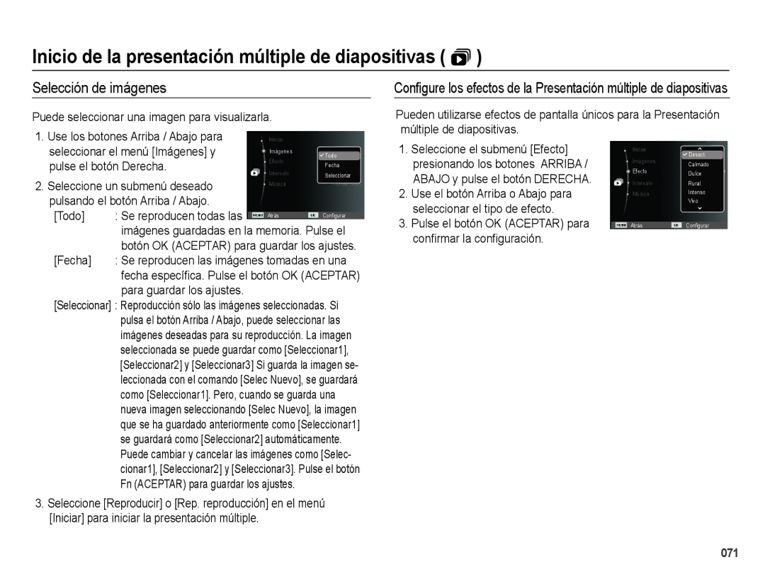 Samsung EC-PL60ZPBP/E1, EC-PL60ZBBP/E1 manual Inicio de la presentación múltiple de diapositivas , Selección de imágenes 