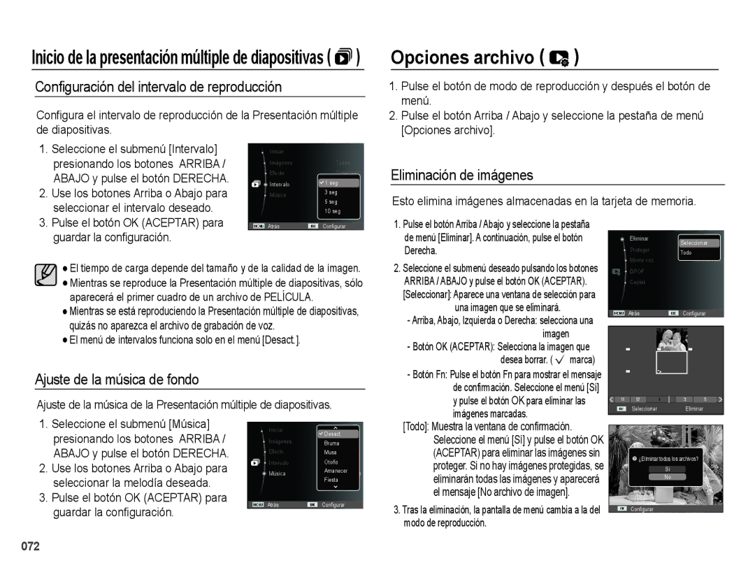 Samsung EC-PL60ZBBP/E1 manual Opciones archivo, Conﬁguración del intervalo de reproducción, Eliminación de imágenes 